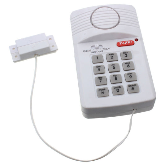 Window and door security alarm with code lock from BackupMyFilesNow.com, featuring a sleek black alarm device on a window.