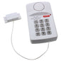 Window and door security alarm with code lock from BackupMyFilesNow.com, featuring a sleek black alarm device on a window.