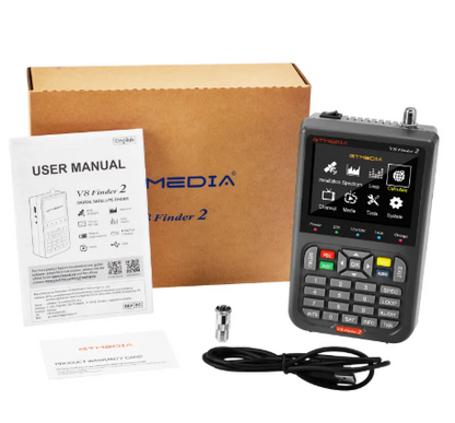 BackupMyFilesNow satellite meter finder device showing a digital screen and antenna for locating satellite signals.
