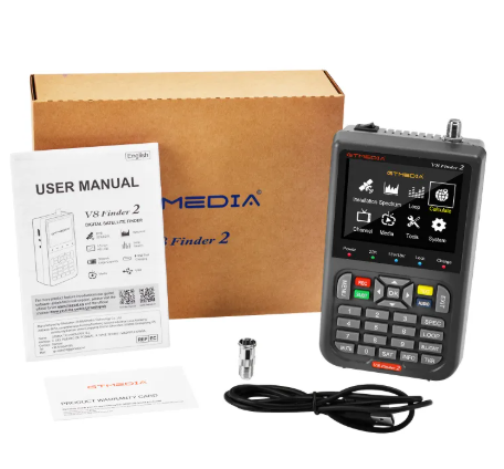 Satellite meter finder device from BACKUPMYFILESNOW.COM® with digital display and antenna for signal detection.