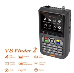 BACKUPMYFILESNOW.COM® satellite meter finder device for locating satellite signals, with display screen and control buttons.