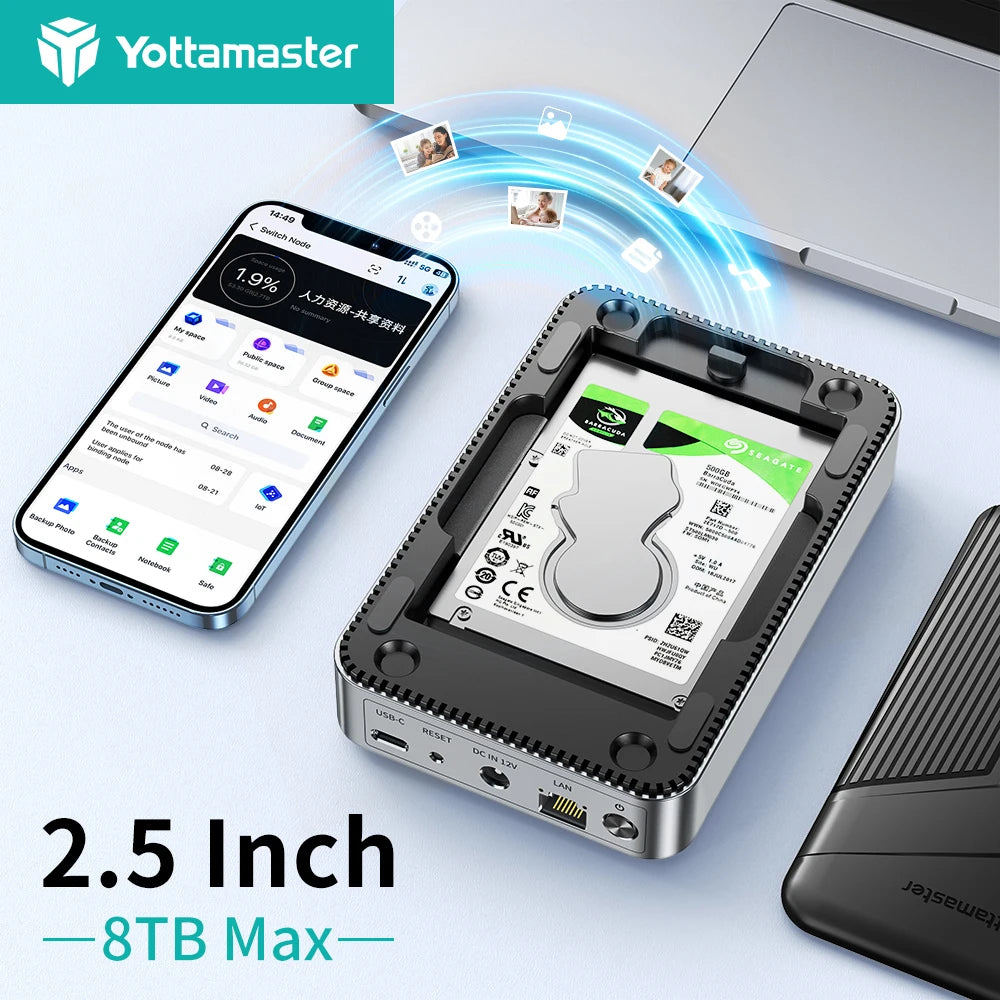 Yottamaster network storage enclosure with 2.5-inch SATA drive, NAS, private cloud, auto backup, and remote access support.