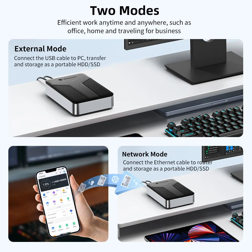 Yottamaster network storage enclosure with 2.5 inch SATA hard drive, supporting NAS, private cloud, auto backup, and remote access.