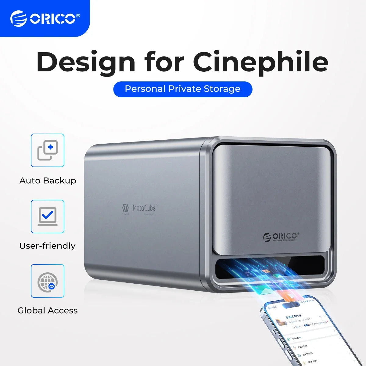 ORICO Dual Bay MetaCube NAS with 3.5" HDD/SSD bays, automatic backup, remote access, and offline Bluetooth download functionality.