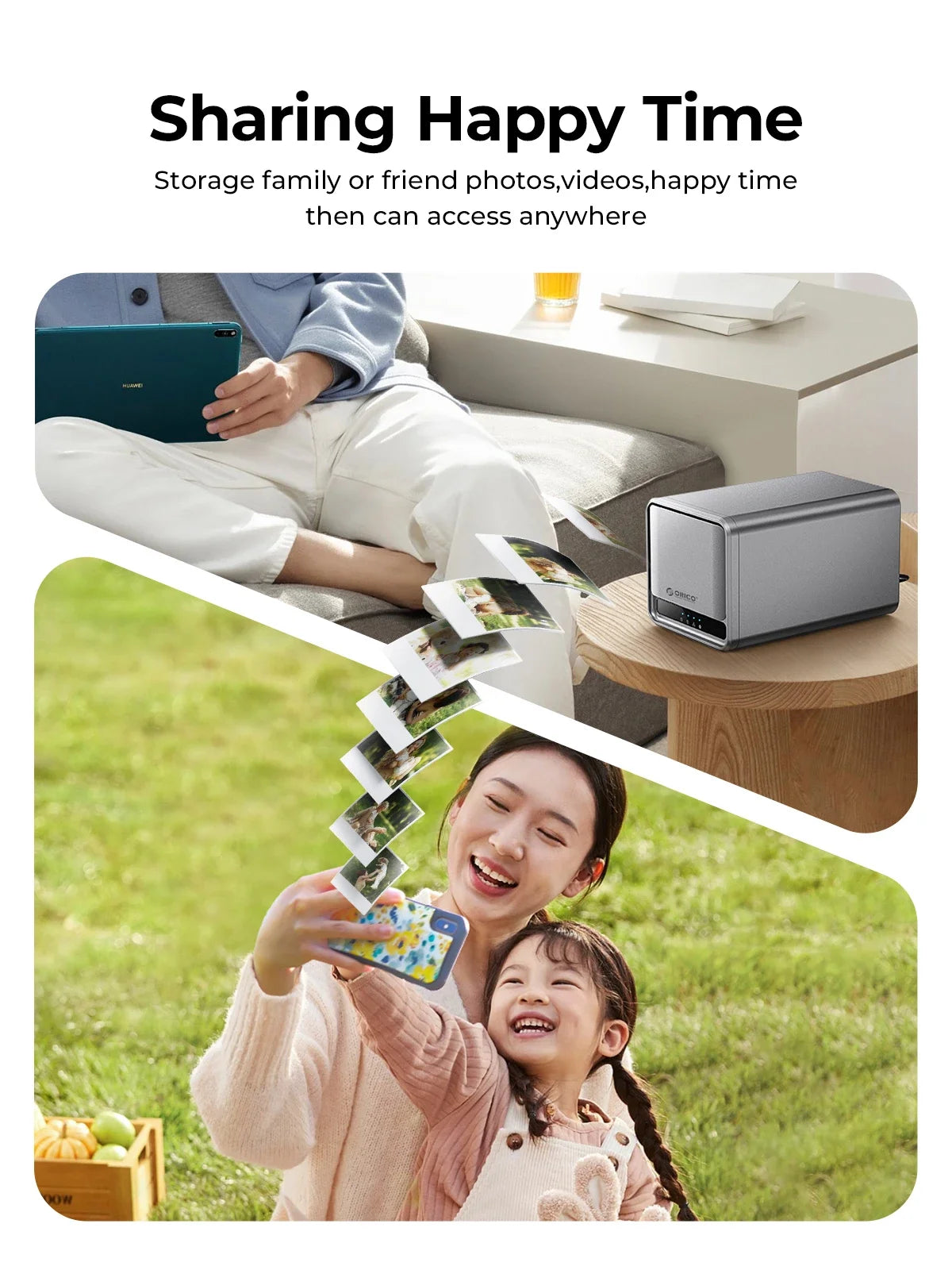 ORICO Dual Bay MetaCube NAS with 3.5" HDD/SSD bays, automatic backup, remote access, and offline BT download for household storage.