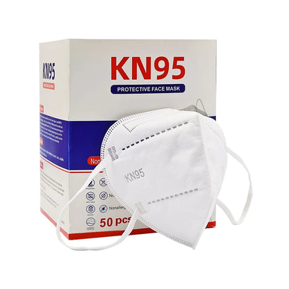 High-quality 6-layer KN95 disposable face masks with custom logo, non-woven material, flat fold design for adult protection.