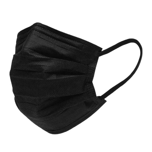 Black LeFine 3-ply disposable adult respirator mask with adjustable nose clip and anti-dust protection, flat style, non-woven fabric.