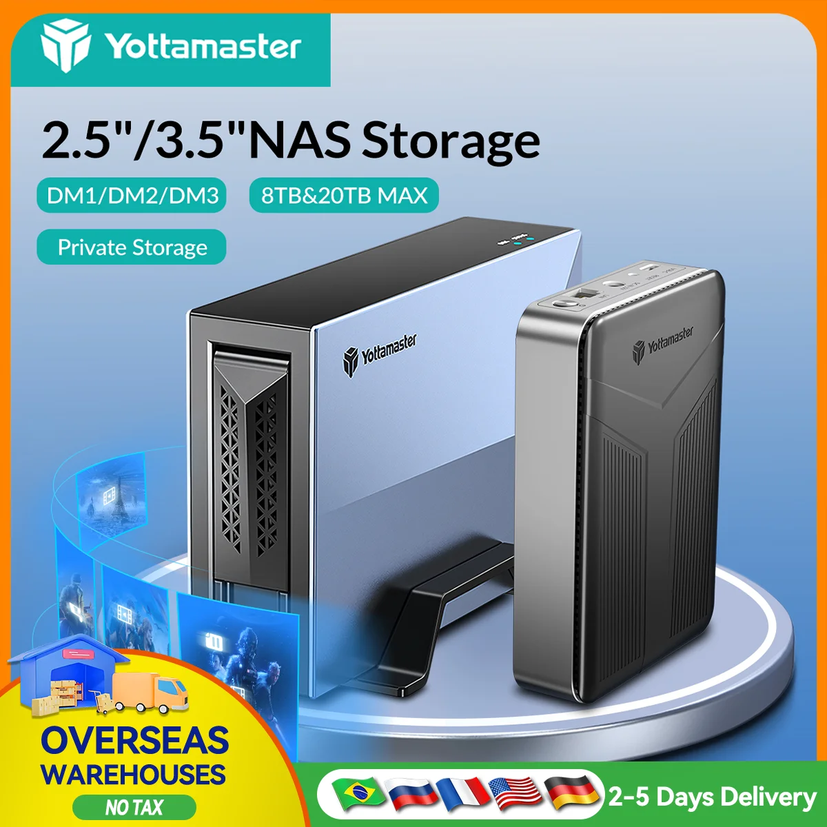 Yottamaster external hard drive enclosure for 2.5” and 3.5” SATA SSDs and HDDs, used for network storage and auto backup.