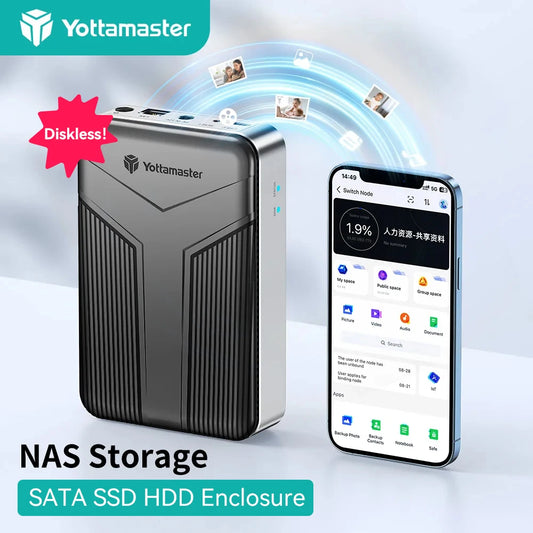 Yottamaster Networkable NAS enclosure for 2.5 and 3.5 inch SATA HDDs and SSDs, supports personal private cloud storage.