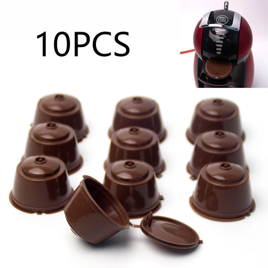 Set of 10 reusable coffee capsules for Nescafe Dolce Gusto, with filter, spoon, and brush for eco-friendly coffee brewing.
