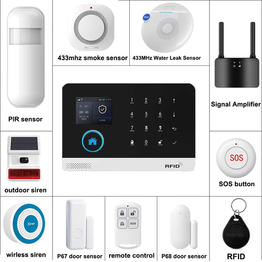 Wireless smart home GSM alarm system with door sensor, 4G WiFi, compatible with Smart Life app and Alexa for house security.
