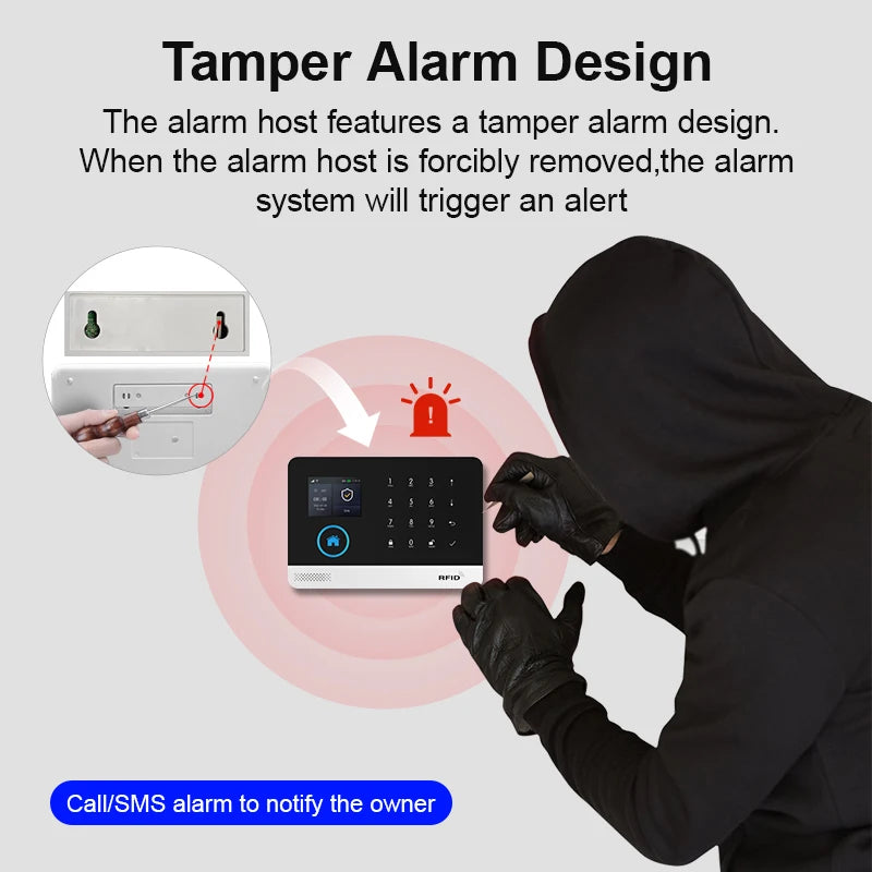 Wireless smart home GSM alarm system with door sensor, 4G WiFi, compatible with Smart Life app and Alexa for house security.