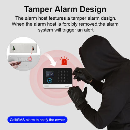Wireless smart home GSM alarm system with door sensor, 4G WiFi, compatible with Smart Life app and Alexa for house security.