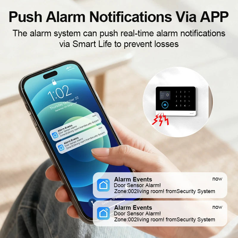 Wireless smart home GSM alarm system with door sensor, 4G WiFi, compatible with Smart Life app and Alexa for house security.