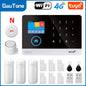 Wireless smart home GSM alarm system with door sensor, 4G WiFi, compatible with Smart Life app and Alexa for house security.