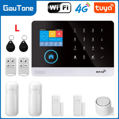 Wireless smart home GSM alarm system with door sensor, 4G WiFi connectivity, compatible with Smart Life app and Alexa.