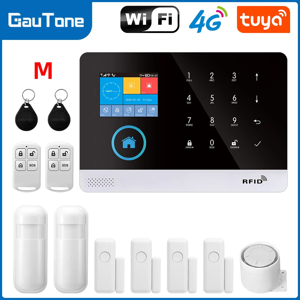 Wireless smart home GSM alarm system with door sensor, 4G WiFi, compatible with Alexa and Smart Life app for house security.