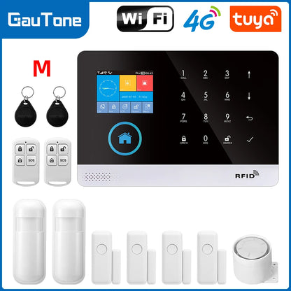 Wireless smart home GSM alarm system with door sensor, 4G WiFi, compatible with Alexa and Smart Life app for house security.