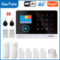 Wireless smart home GSM alarm system with door sensor, 4G WiFi, compatible with Alexa and Smart Life app for house security.