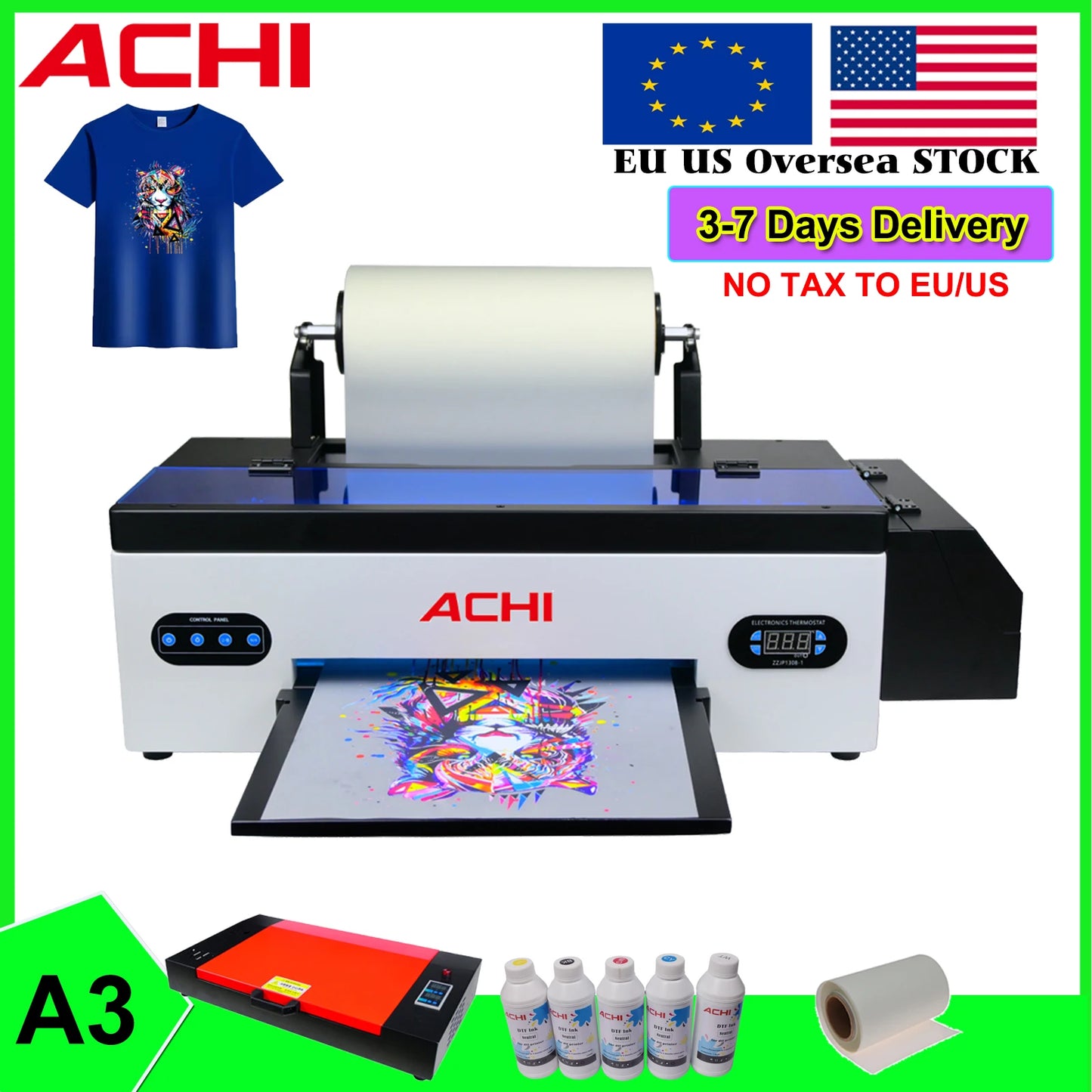ACHI A3 DTF Printer R1390 for T-shirts, fabric printing, with DTF transfer film and oven, EU stock, compact roll DTF transfer solution.