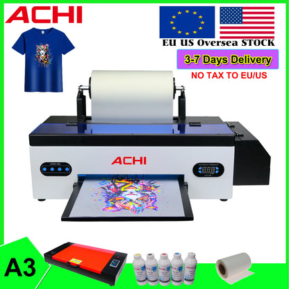 ACHI A3 DTF Printer R1390 for T-shirts, fabric printing, with DTF transfer film and oven, EU stock, compact roll DTF transfer solution.