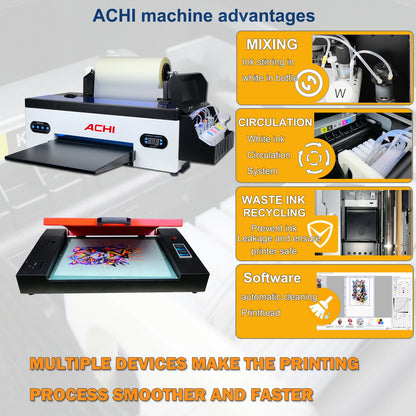 ACHI A3 DTF Printer R1390 for T-shirt printing, with roll transfer film and DTF oven, designed for fabric and clothing printing.