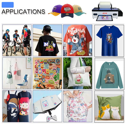 ACHI A3 DTF Printer R1390 for T-shirt printing with roll DTF transfer film and oven, designed for fabric and clothing.