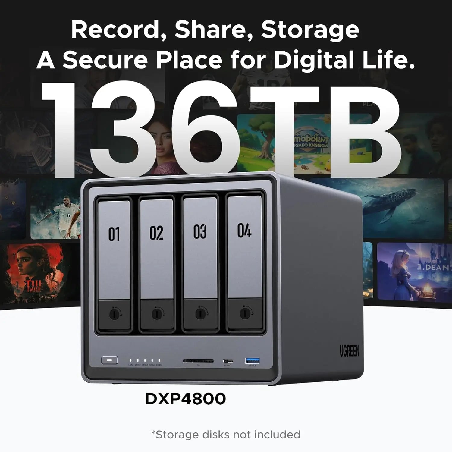 Ugreen NAS DXP4800 4-bay desktop network storage device with Intel N100 quad-core CPU and 8GB DDR5 RAM, diskless setup