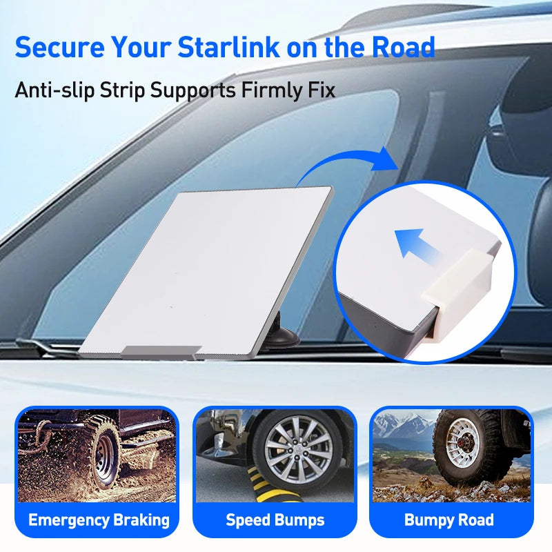 Starlink Mini automotive dashboard installation kit with adhesive suction cup base and adjustable angle for secure mounting.