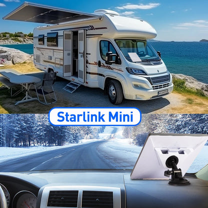 Starlink Mini automotive dashboard installation kit with adhesive suction cup base and adjustable angle for secure mounting.