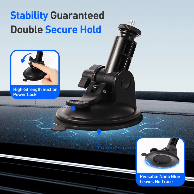 Starlink Mini automotive dashboard installation kit with adhesive suction cup base, adjustable angle, and secure mounting.