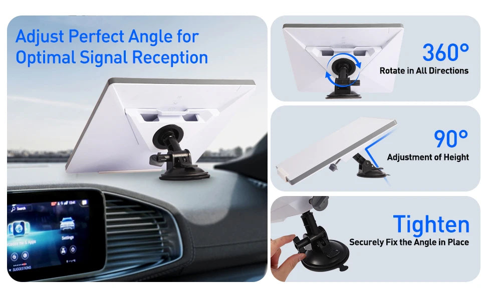Starlink Mini automotive dashboard installation kit with adhesive suction cup base, adjustable angle, and secure mounting.