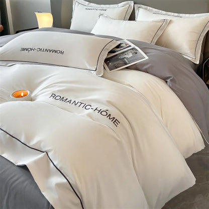 Luxury cotton bedding set with duvet cover, bed sheet, and pillowcases in solid color for king, queen, full, and twin beds.