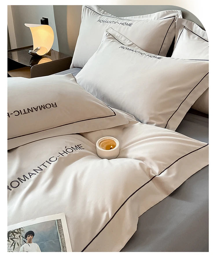 Luxury cotton bedding set with duvet cover, bed sheet, and pillowcases in solid color for king, queen, full, or twin beds.