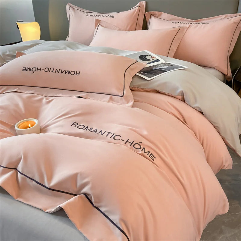 Luxury cotton bedding set with duvet cover, bed sheet, and pillowcases in solid colors for king, queen, full, and twin beds.