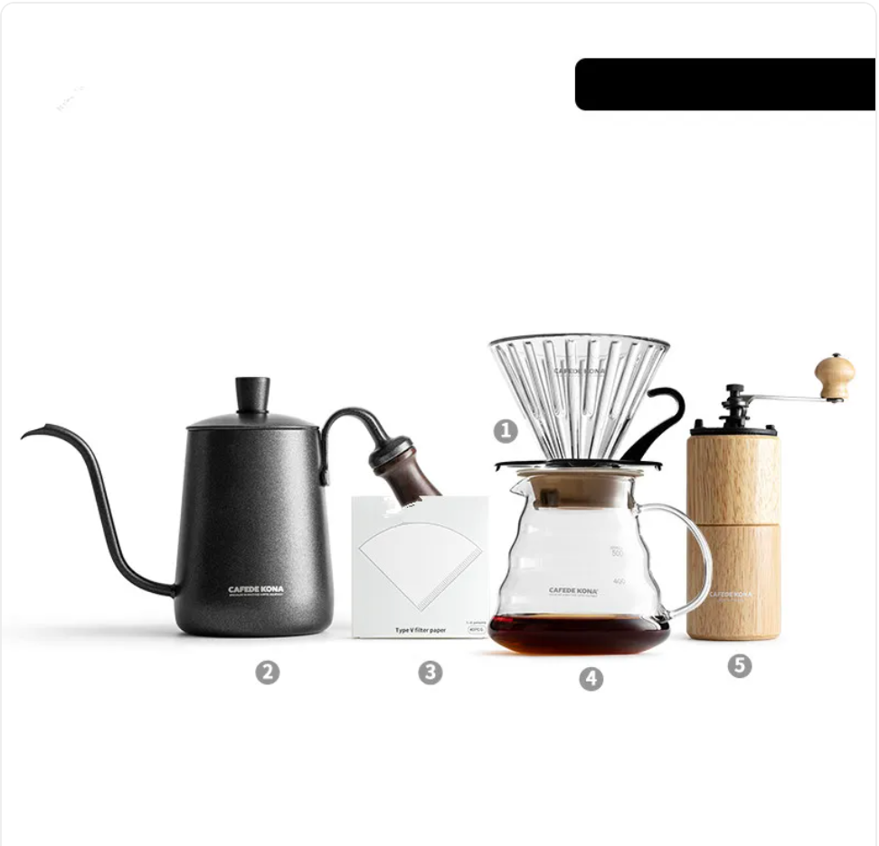 Kona Coffee drip pot with filter for hand-brewed coffee, made by BACKUPMYFILESNOW.COM®, displayed on a kitchen countertop