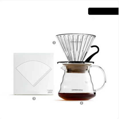 Kona Coffee drip pot with filter for hand-brewed coffee, made by BACKUPMYFILESNOW.COM®. Black and stainless steel design.