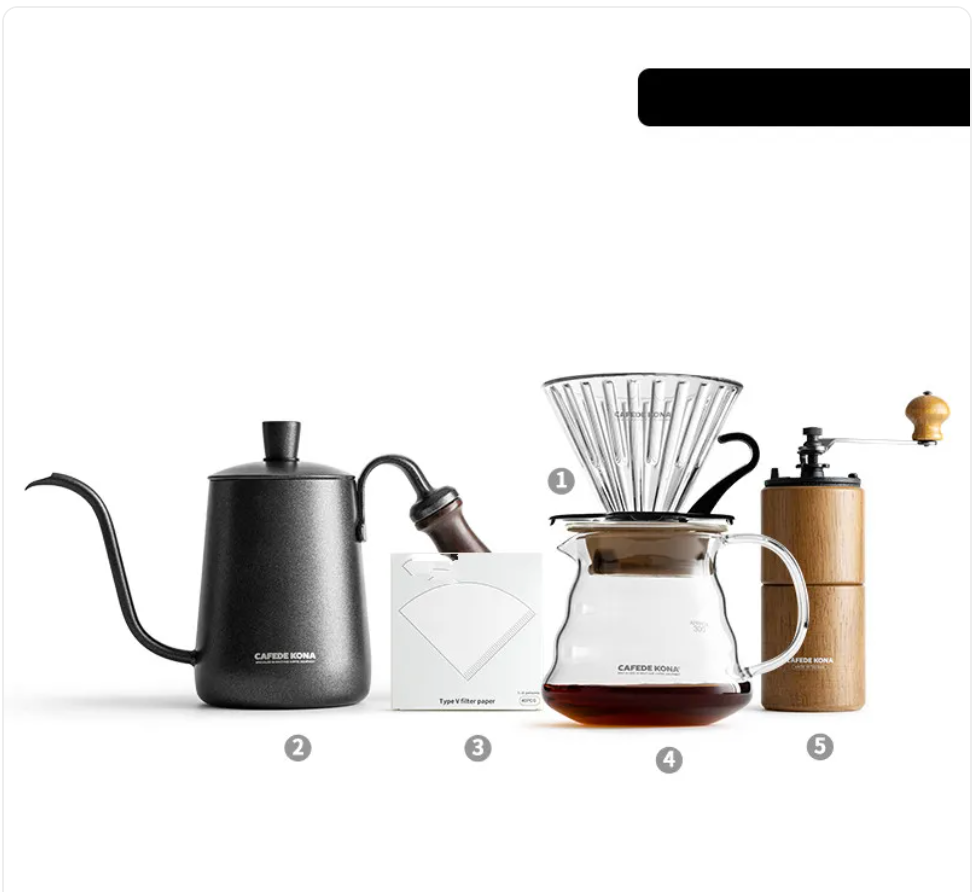 BackupsMyFilesNow Kona Coffee Drip Pot with Filter for hand-brewed coffee, shown with coffee dripper and fresh coffee grounds