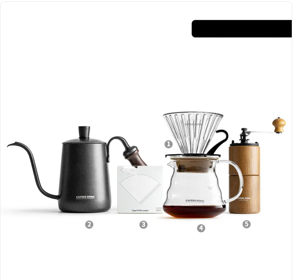 Kona Coffee drip pot with filter for hand-brewed coffee, made by BACKUPMYFILESNOW.COM®. Black and stainless steel coffee maker.