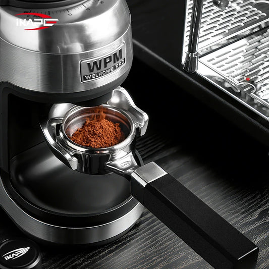 IKAPE 58mm stainless steel bottomless espresso portafilter for E61 espresso machines, flat design, coffee brewing accessory.