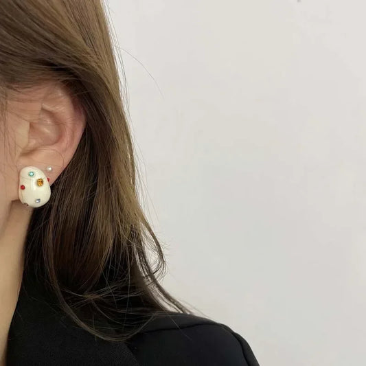 Colorful zircon earrings for women featuring white oil drip design, irregular stud style, perfect for parties and special occasions.