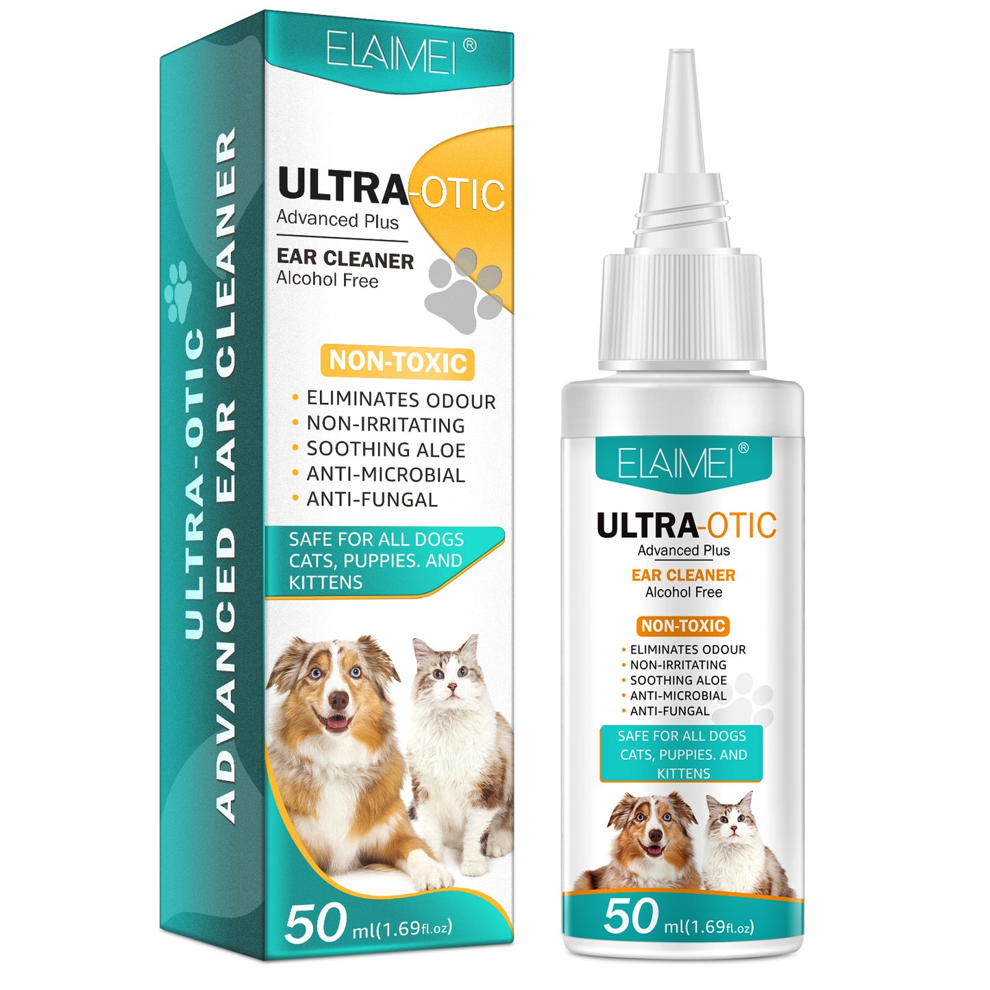 Pet ear cleaner 50ml bottle by BackupMyFilesNow.com, showing clear liquid for safe pet ear cleaning.