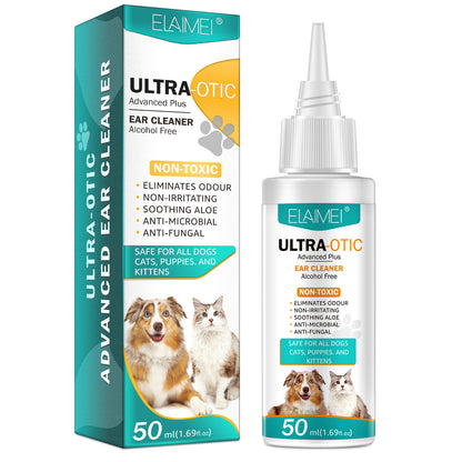 Pet ear cleaner 50ml bottle by BackupMyFilesNow.com, showing clear liquid for safe pet ear cleaning.