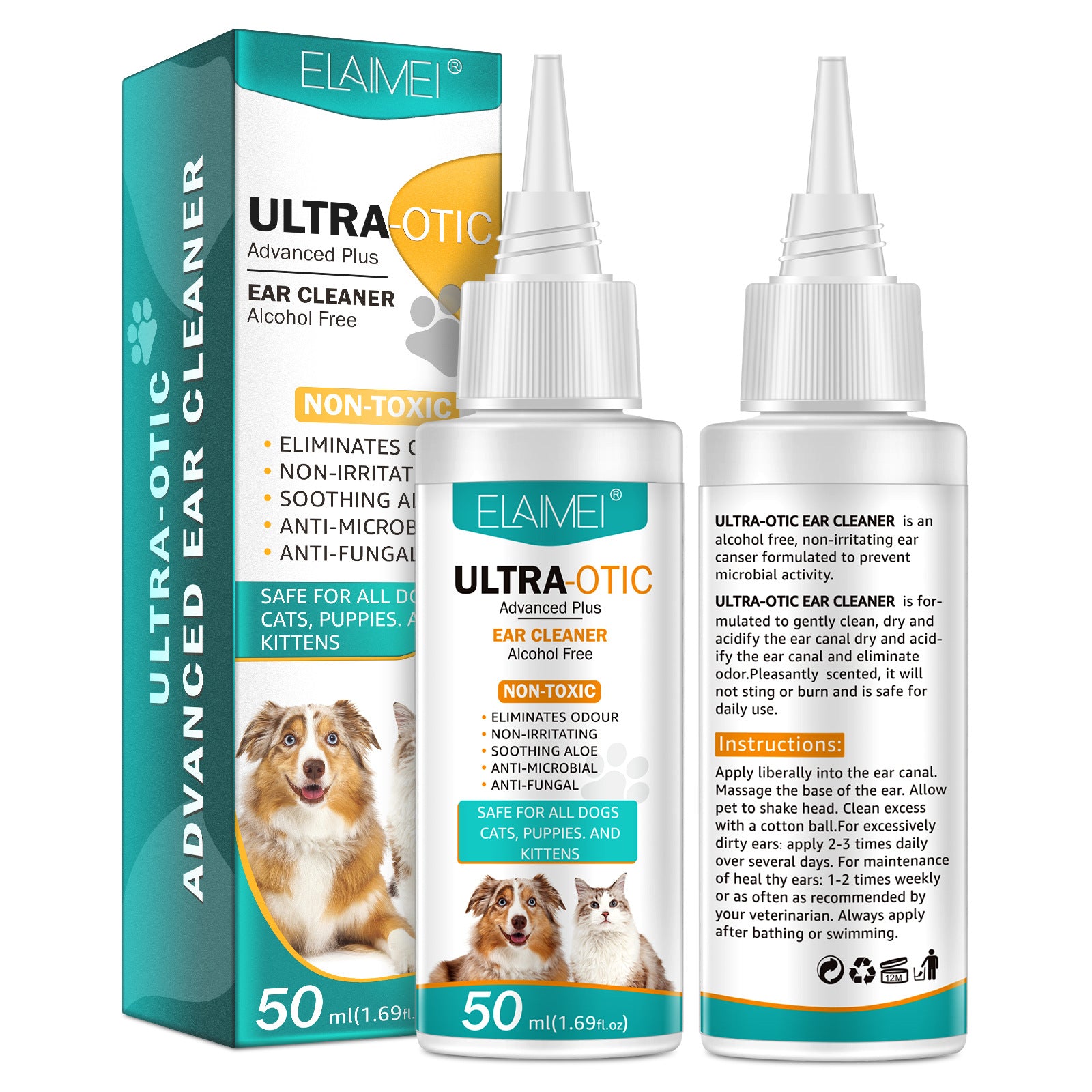 Pet Ear Cleaner 50ml by BackupMyFilesNow.com, showing the soothing liquid in a clear bottle for pet ear hygiene.