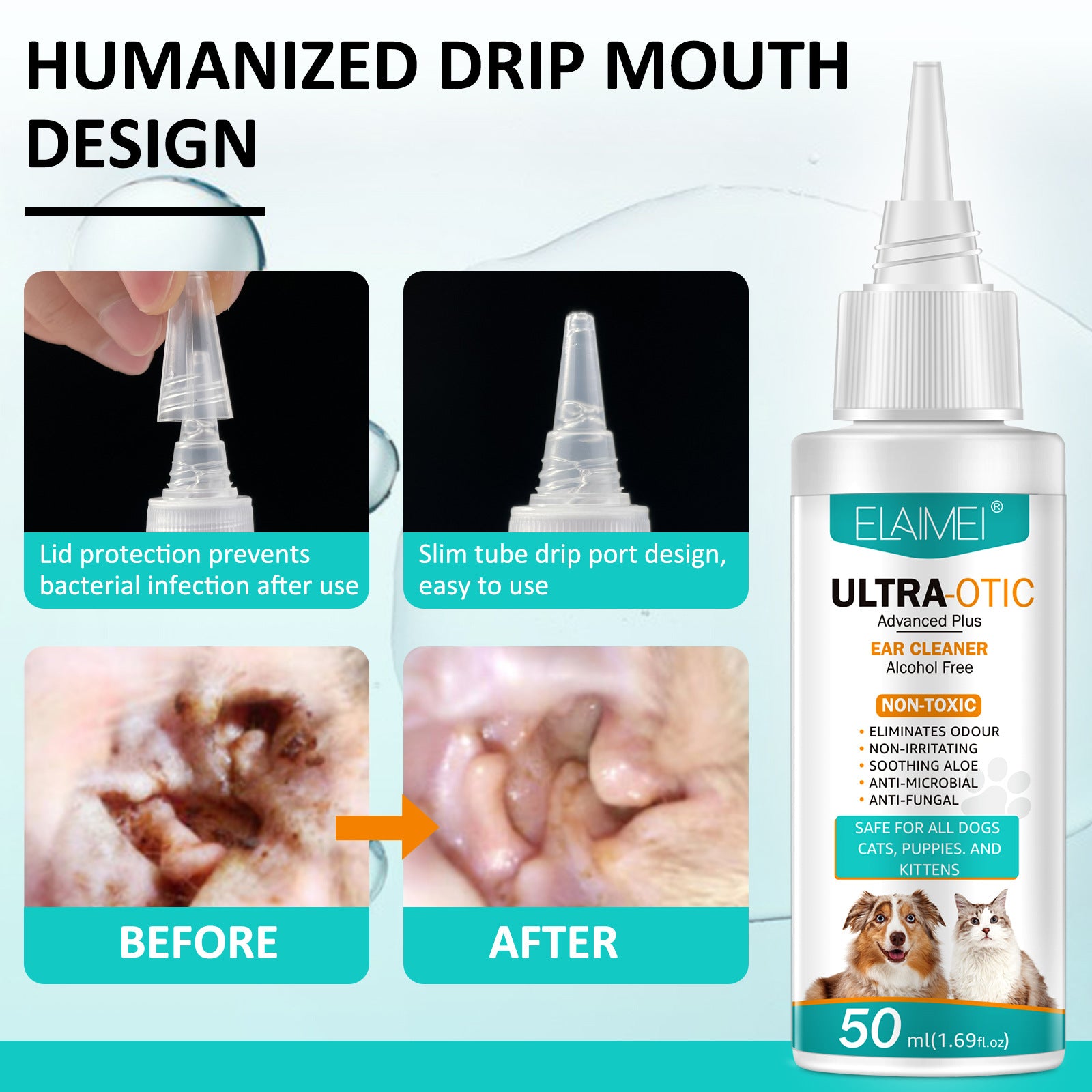 Pet ear cleaner 50ml from BackupMyFilesNow.com, showing a clear bottle of ear cleaning liquid for pets.