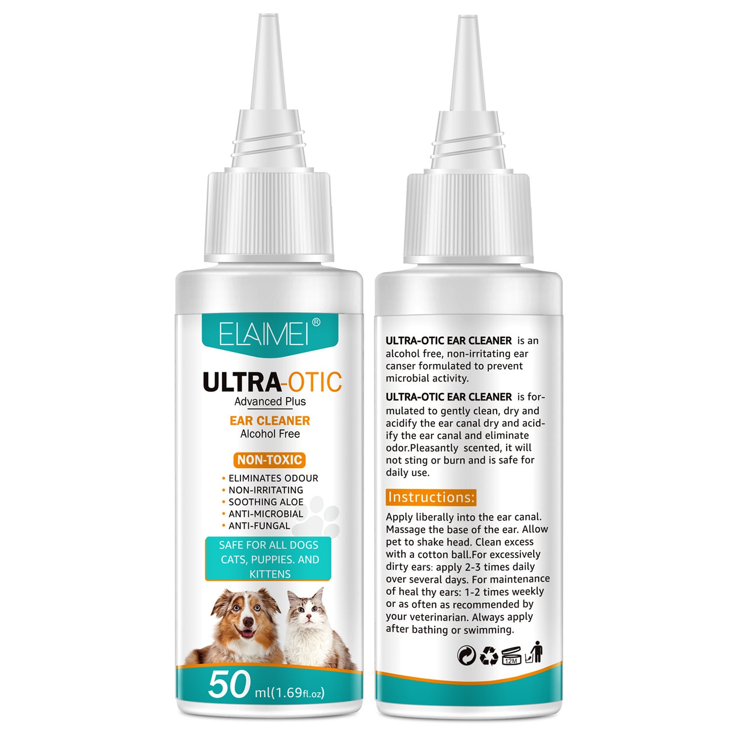 Pet ear cleaner 50ml bottle from BackupMyFilesNow.com, gentle liquid for cleaning and maintaining pet ear hygiene.