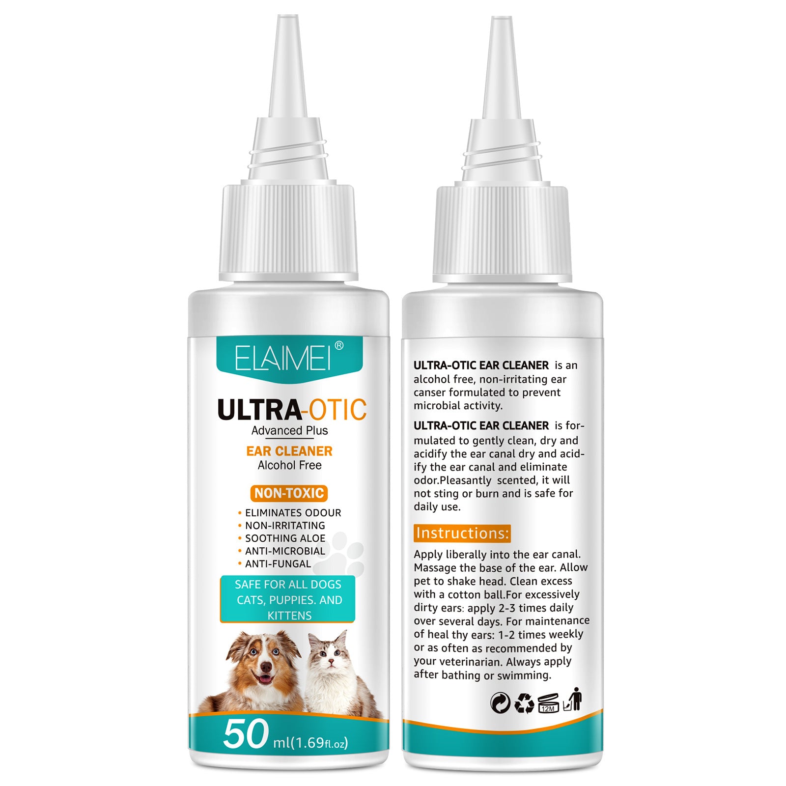 Pet ear cleaner 50ml bottle from BackupMyFilesNow.com, gentle liquid for cleaning and maintaining pet ear hygiene.