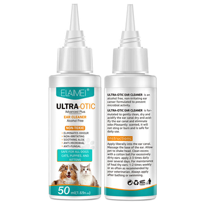Pet ear cleaner 50ml bottle from BackupMyFilesNow.com, gentle liquid for cleaning and maintaining pet ear hygiene.