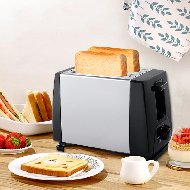 White US standard toaster and automatic breakfast sandwich maker with slots for toasting bread and making breakfast sandwiches.