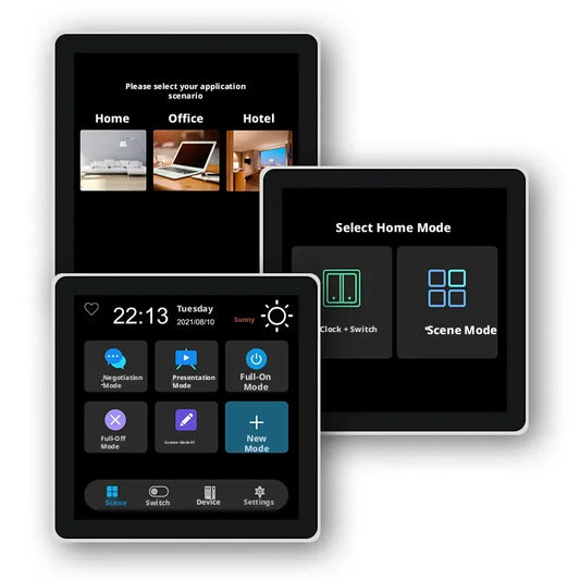 Tuya Smart Life 4-inch touch screen European standard smart switch with 4-way load and scenario control, 2-in-1 design.